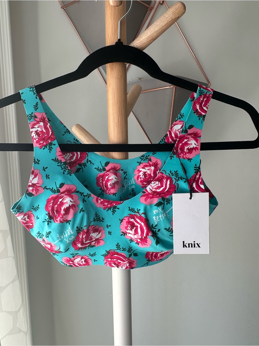 KNIX x BETSEY JOHNSON Floral Bralette Sports Bra Turquoise Pink Roses Sz Small